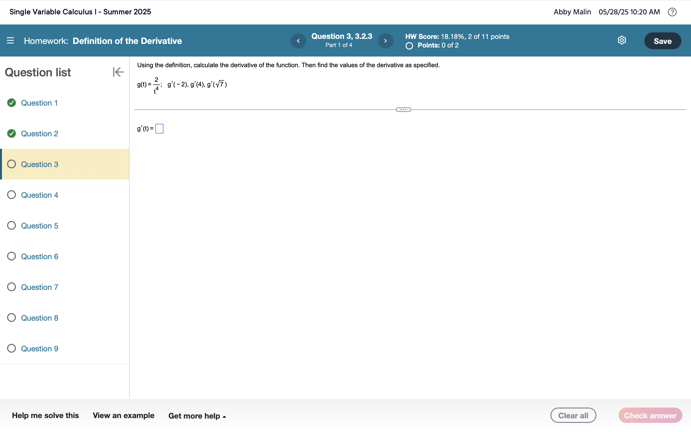 Using the definition, calculate the derivative o
