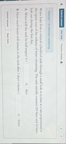 Attempt 1 : 2 0 attempts remaining. Water leaks