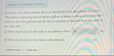 Attempt 1 : 2 0 attempts remaining. At time t = 0