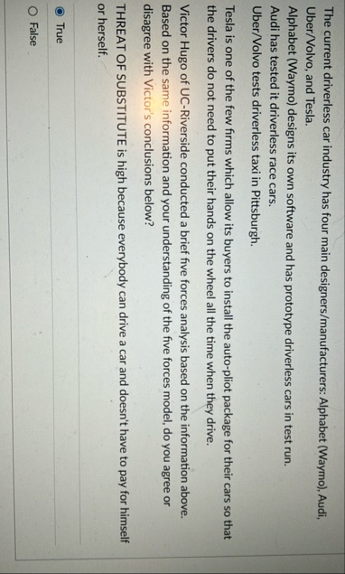 The current driverless car industry has four main