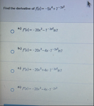 Find the derivative of f ( x ) = - 5 x 4 7 - 2 x