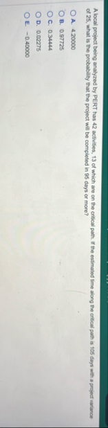 A local project being analyzed by PERT has 4 2