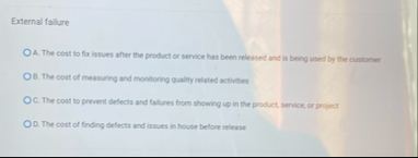 External failure A . The cost to fix issues after