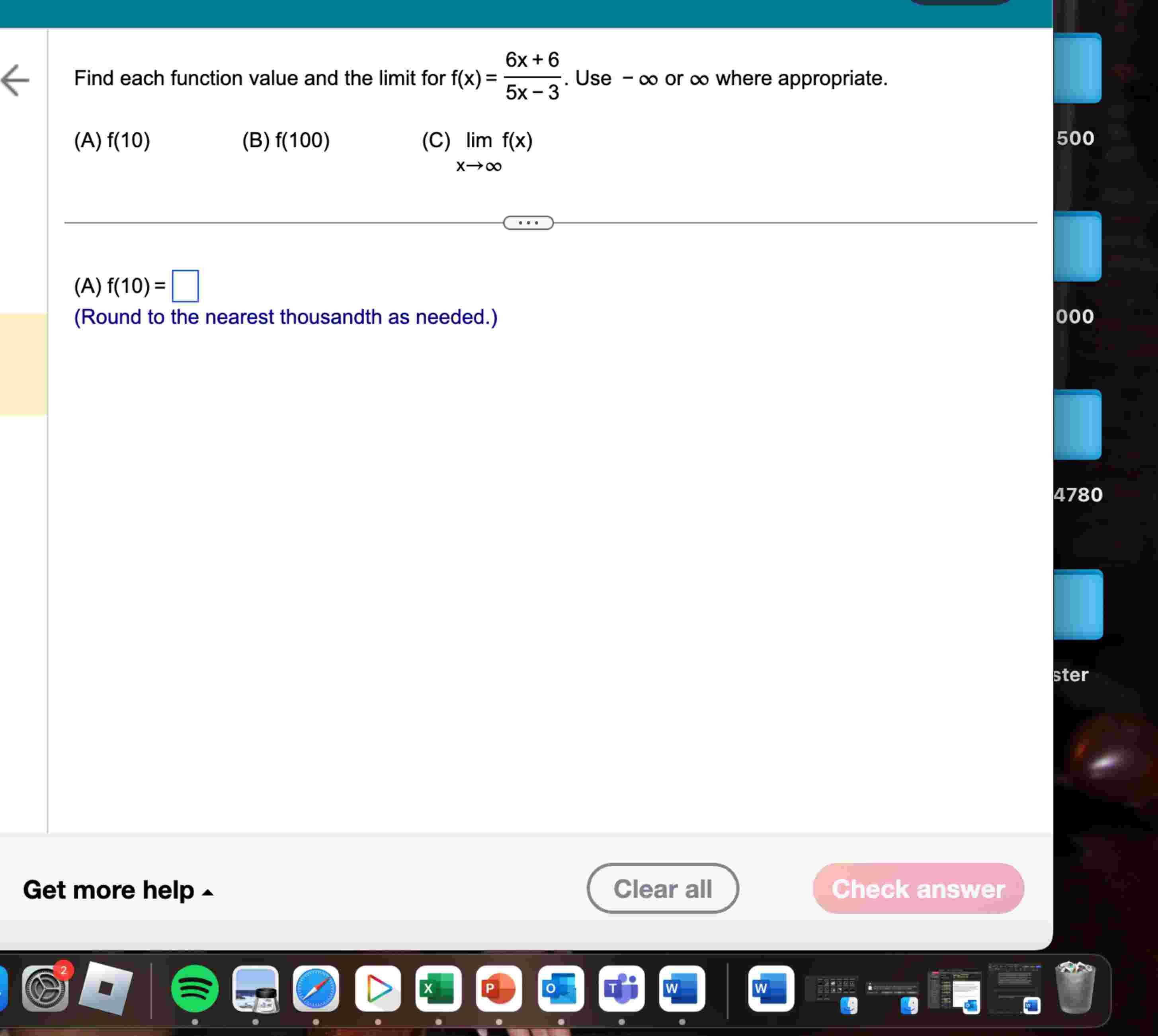 Find each function value and the l i m i t for f