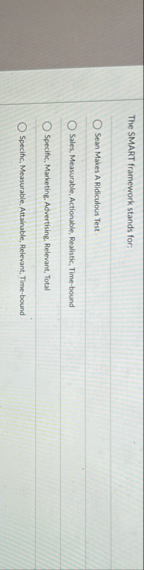 The SMART framework stands for: Sean Makes A