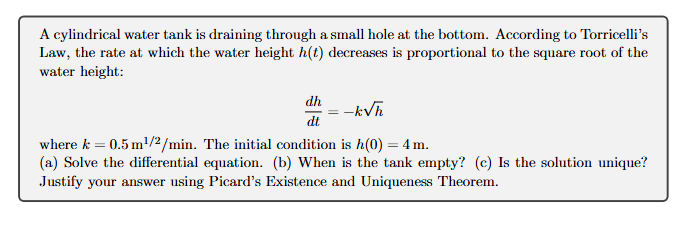 A cylindrical water tank i s draining through a