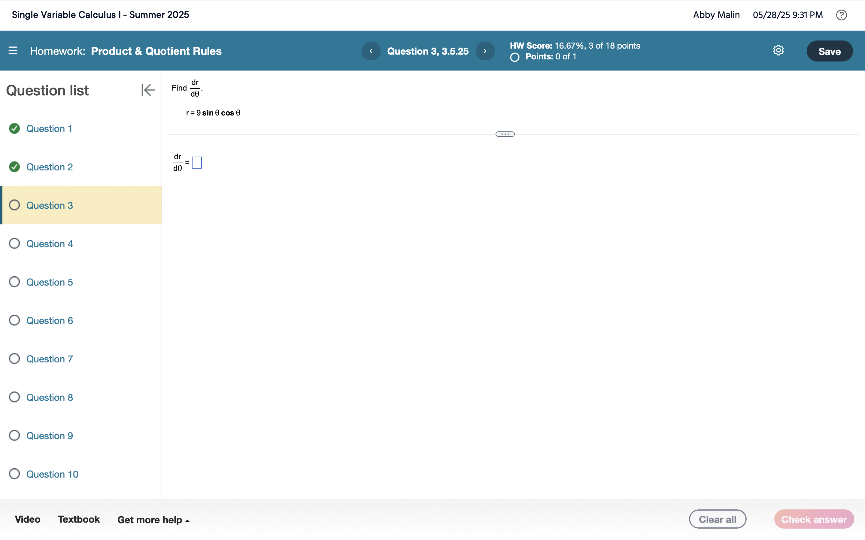 Find d r d . r = 9 s i n c o s d r ( d ) =