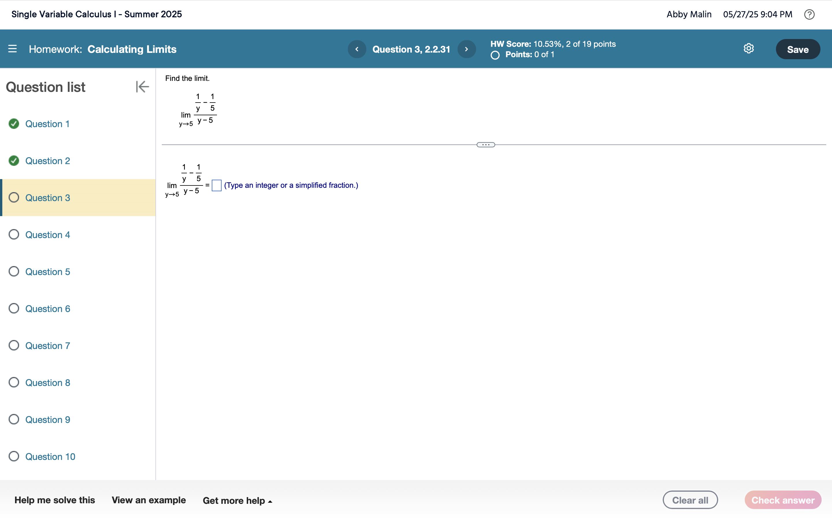 Find the l i m i t . lim y 5 1 y - 1 5 y - 5 lim