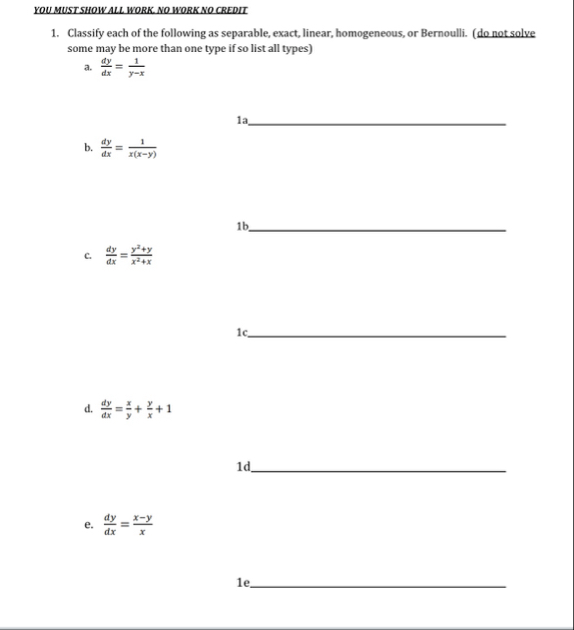 YOU MUST SHOW ALL WORK NO WORK NO CREDIT Classify