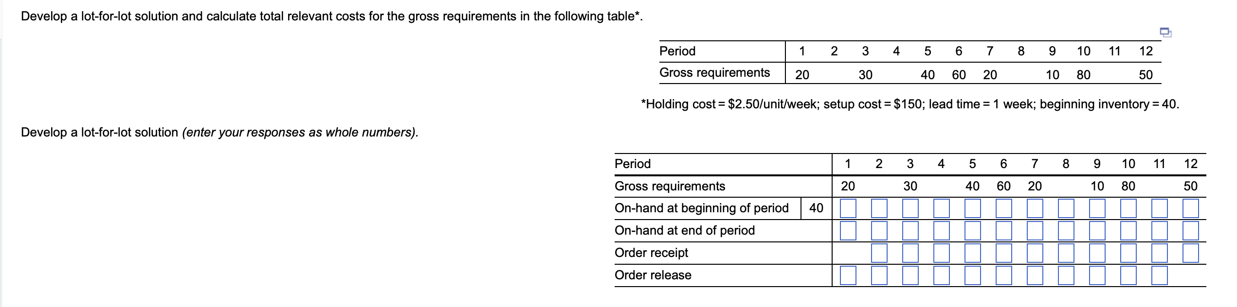 / / week; setup cost = $ 1 5 0 ; lead time = 1
