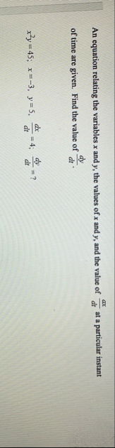 An equation relating the variables x and y , the