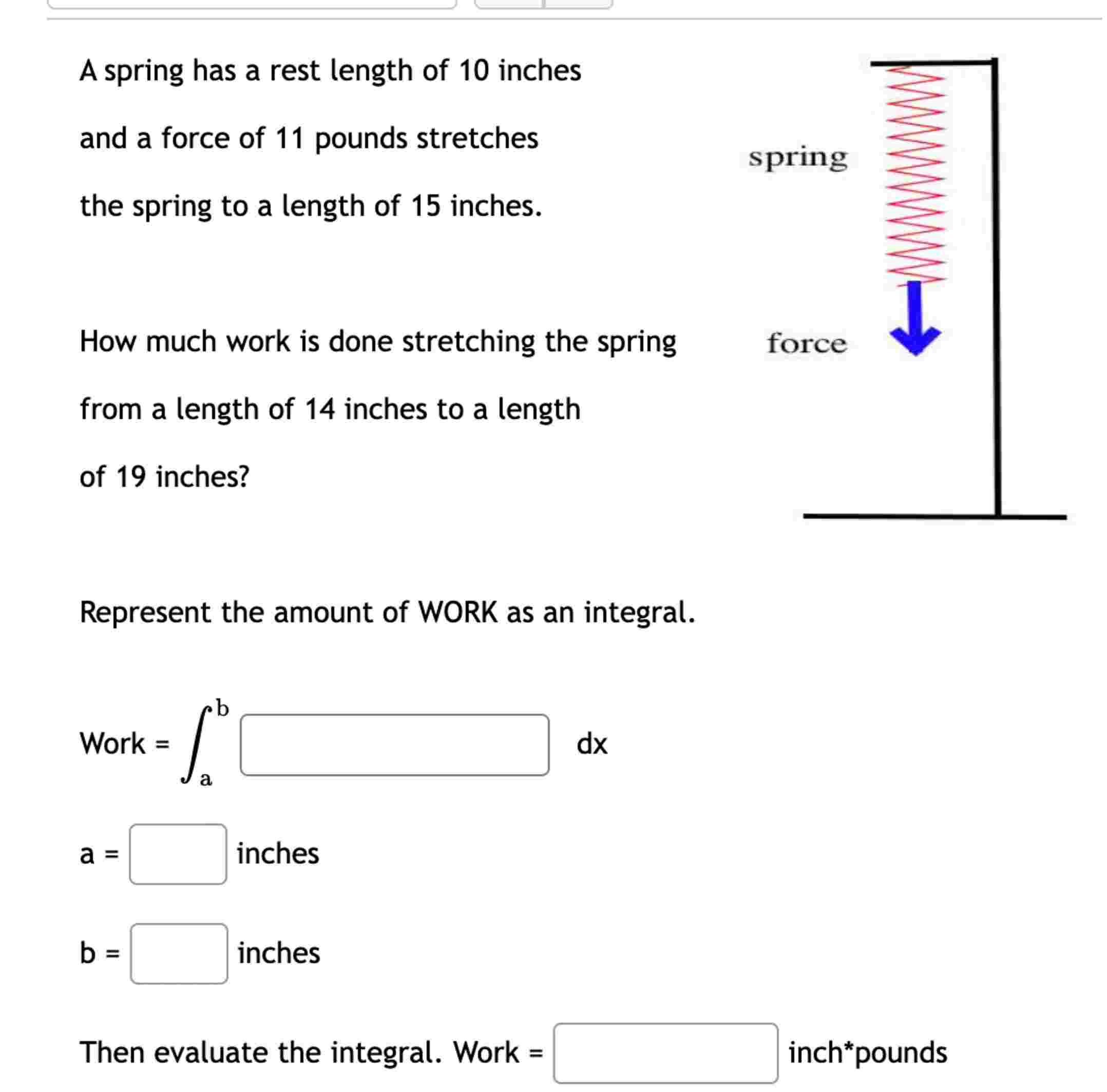 A spring has a rest length o f 1 0 inches and a
