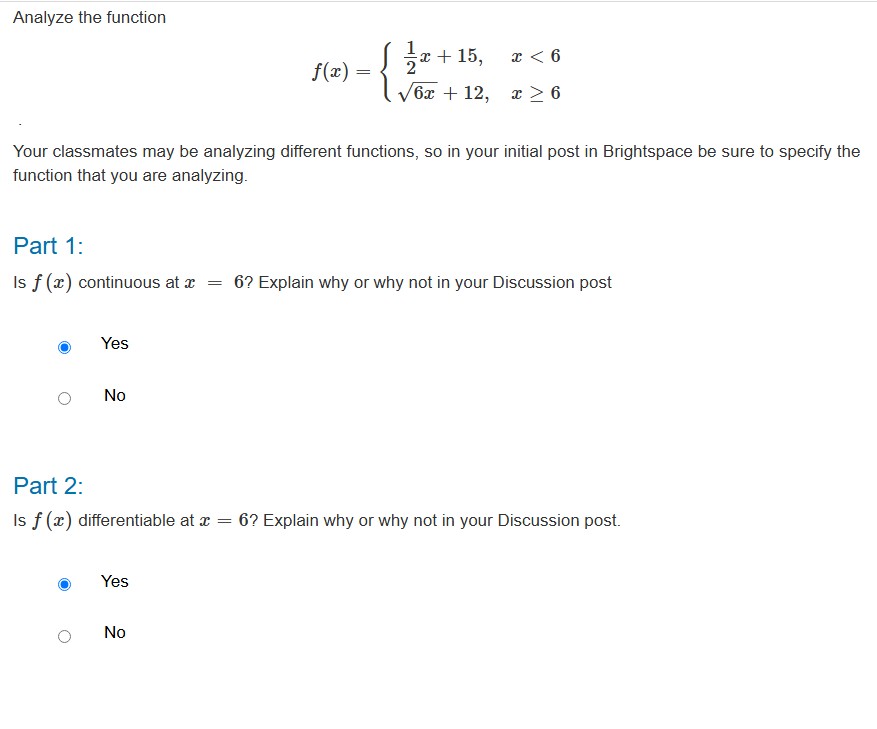 Analyze the function f ( x ) = { 1 2 x + 1 5 , x