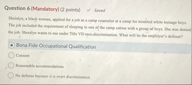 Question 6 ( Mandatory ) ( 2 points ) Saved