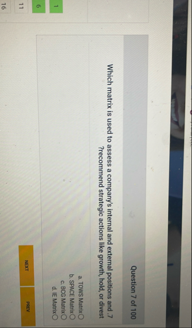 Question 7 of 1 0 0 Which matrix is used to