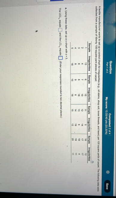 Question Completed: 2 of 4 Part 1 of 2 My score: