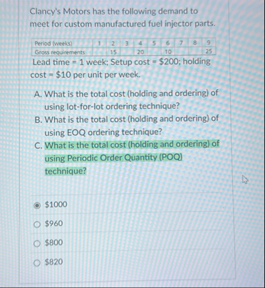 Clancy's Motors has the following demand to meet