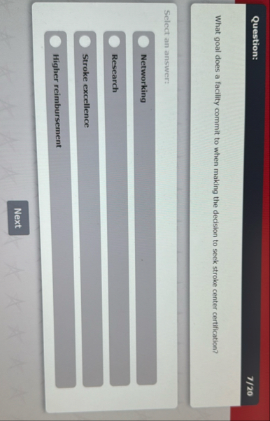 Question: 7 / 2 0 What goal does a facility