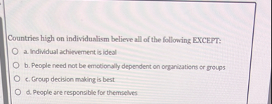 Countries high on individualism believe all of