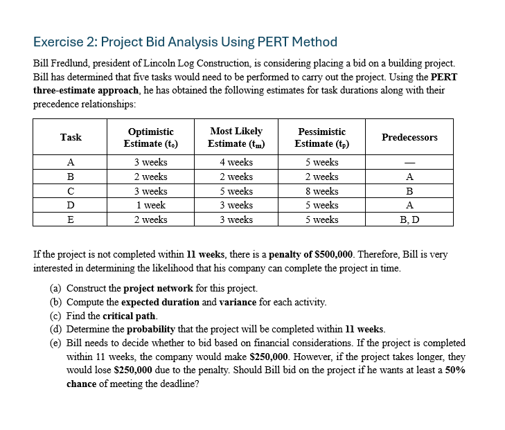 Exercise 2 : Project Bid Analysis Using PERT