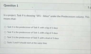 Question 1 1 In a project, Task 9 is showing " 5