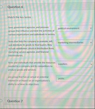 Question 6 Match the key terms laws, government
