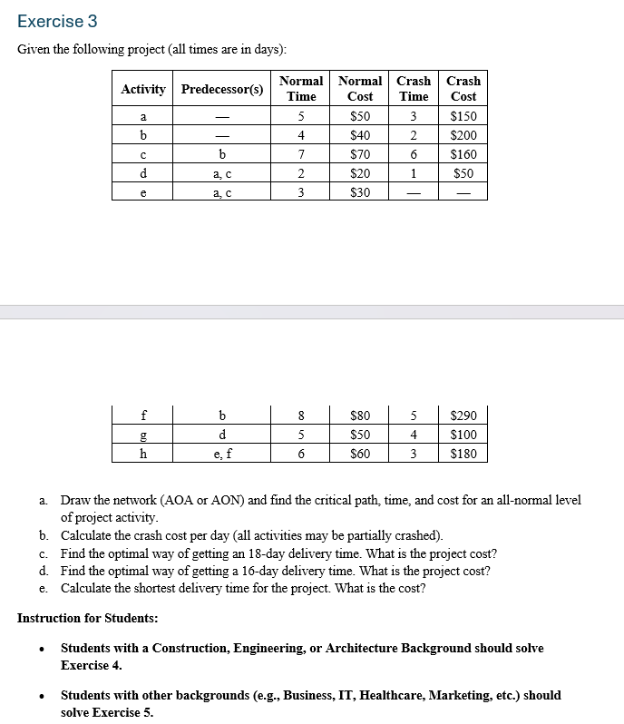 Exercise 3 Given the following project ( all