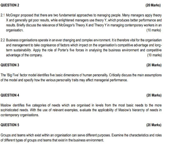 QUESTION 2 ( 2 0 Marks ) 2 . 1 McGregor proposed
