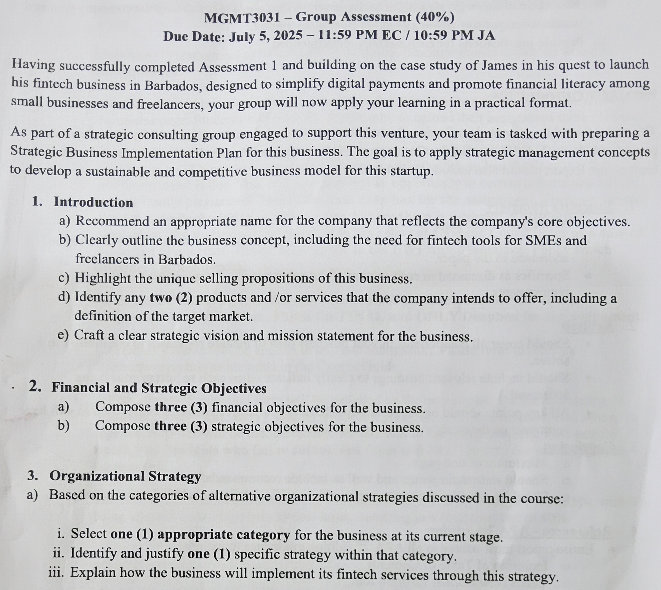 MGMT 3 0 3 1 - Group Assessment ( 4 0 \ % ) Due