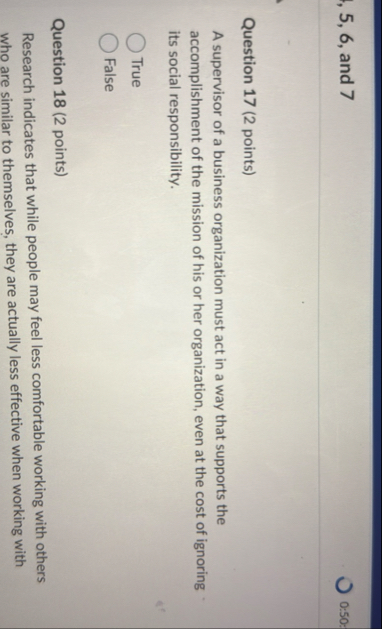 5 , 6 , and 7 0 : 5 0 Question 1 7 ( 2 points ) A