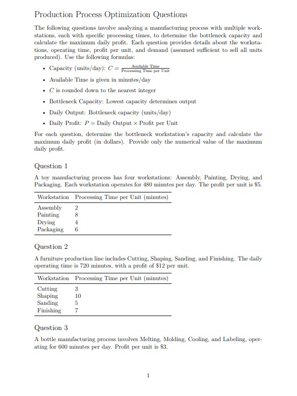 1 . Production Process Optimization Questions
