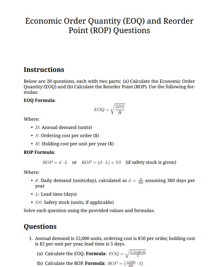 Analytical EOQ and ROP question bank reflecting