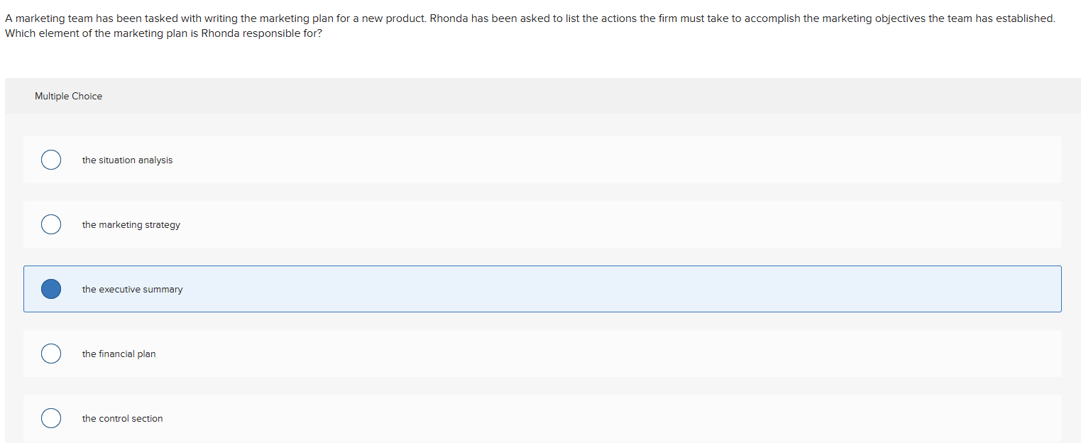 Which element of the marketing plan is Rhonda