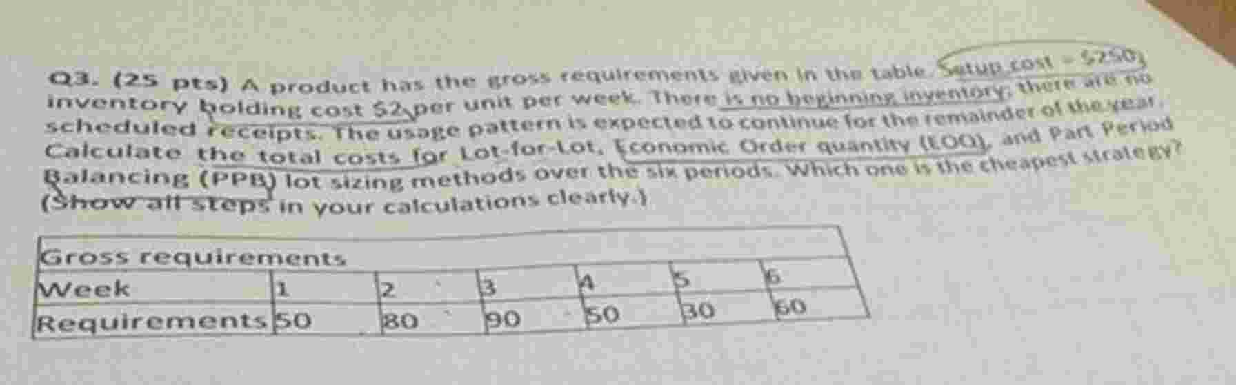 Q 3 . ( 2 5 pts ) A product has the gross