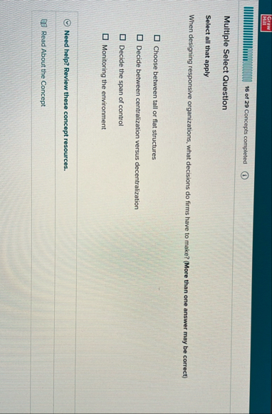 Graw 1 6 of 2 9 Concepts completed Multiple