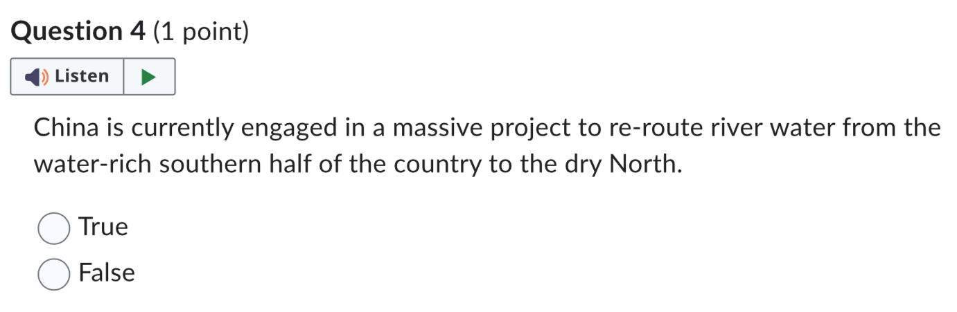 Question 4 ( 1 point ) China is currently engaged