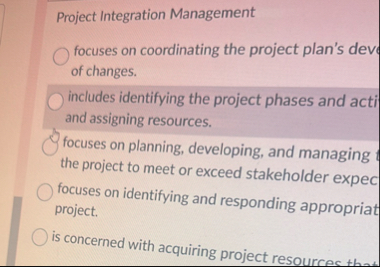 Project Integration Management focuses on