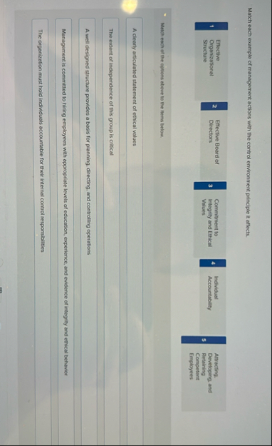 Match each example of management actions with the