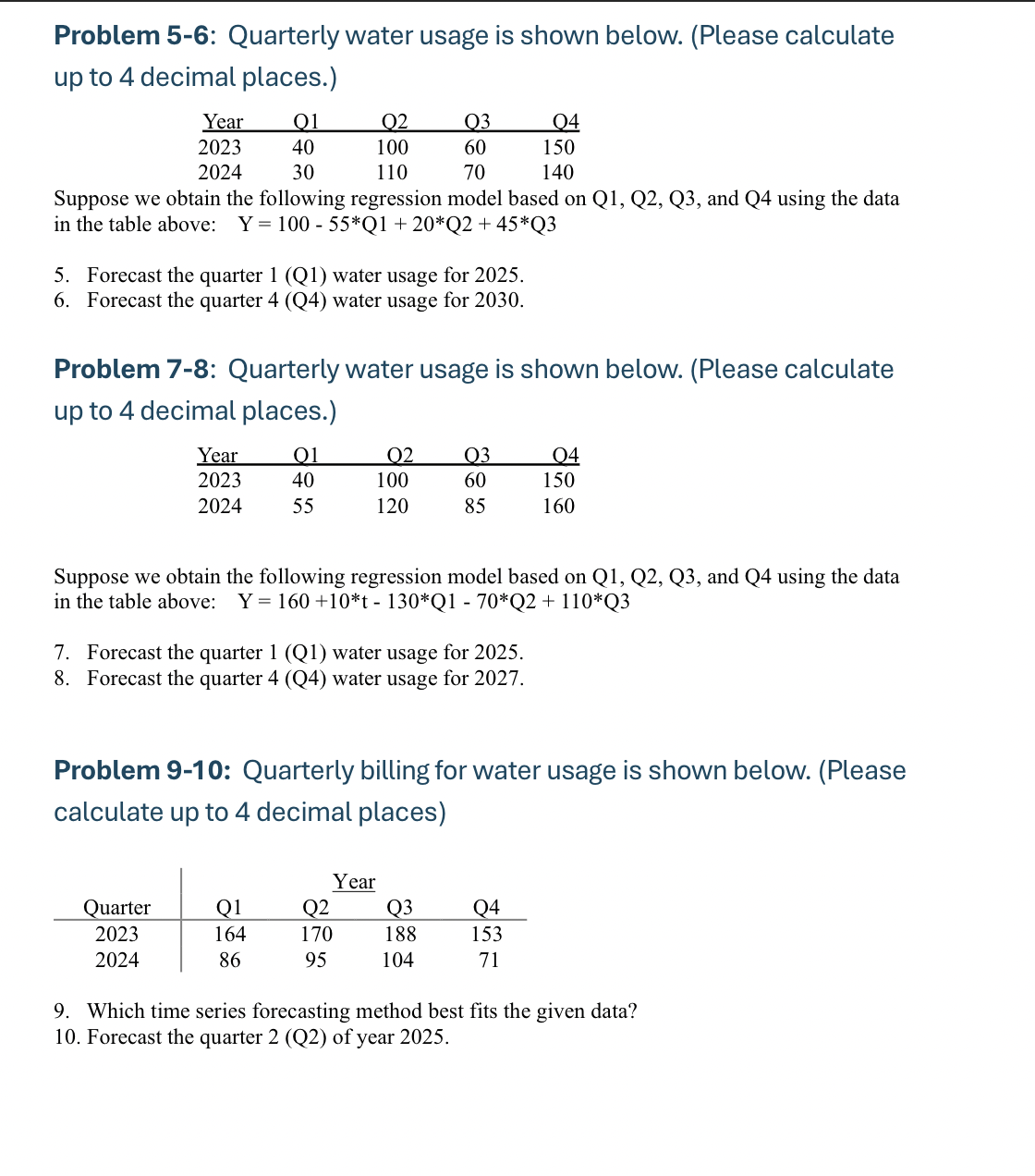 Problem 5 - 6 : Quarterly water usage i s shown