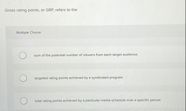 Gross rating points, or GRP , refers to the