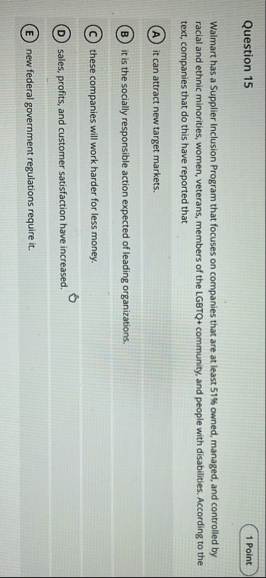 Question 1 5 Walmart has a Supplier Inclusion