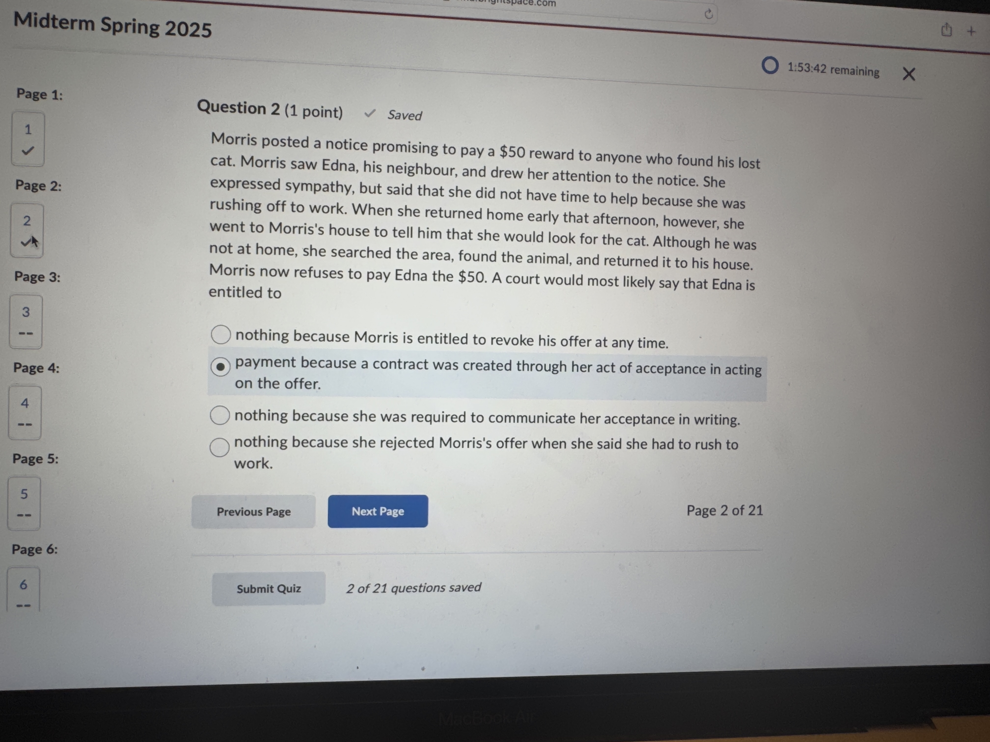 Question 2 ( 1 point ) Morris posted a notice