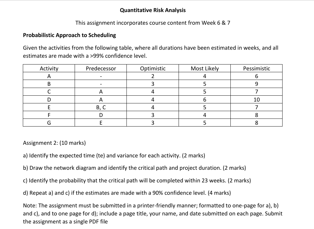 Quantitative Risk Analysis This assignment