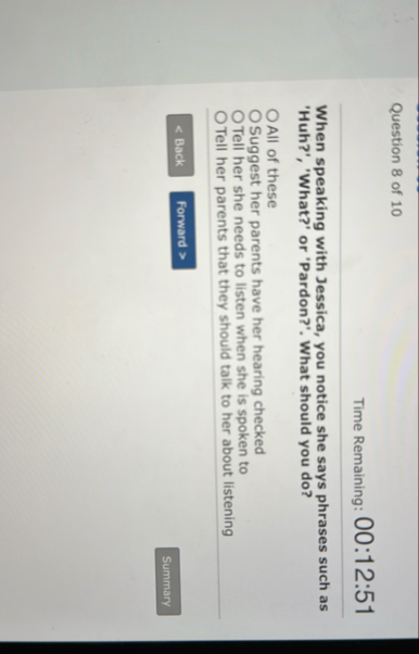 Question 8 of 1 0 Time Remaining: 0 0 : 1 2 : 5 1