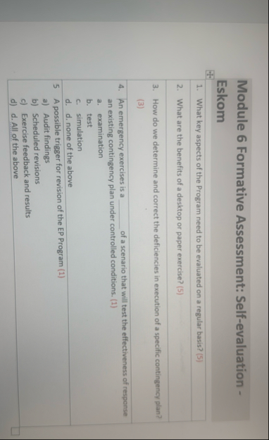 Module 6 Formative Assessment: Self - evaluation