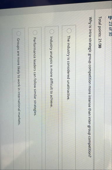 Total points: 2 1 / 3 0 Why is intra - strategic