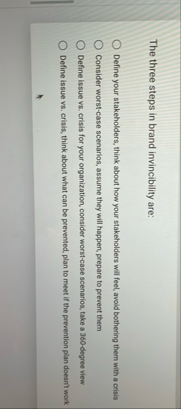 The three steps in brand invincibility are: