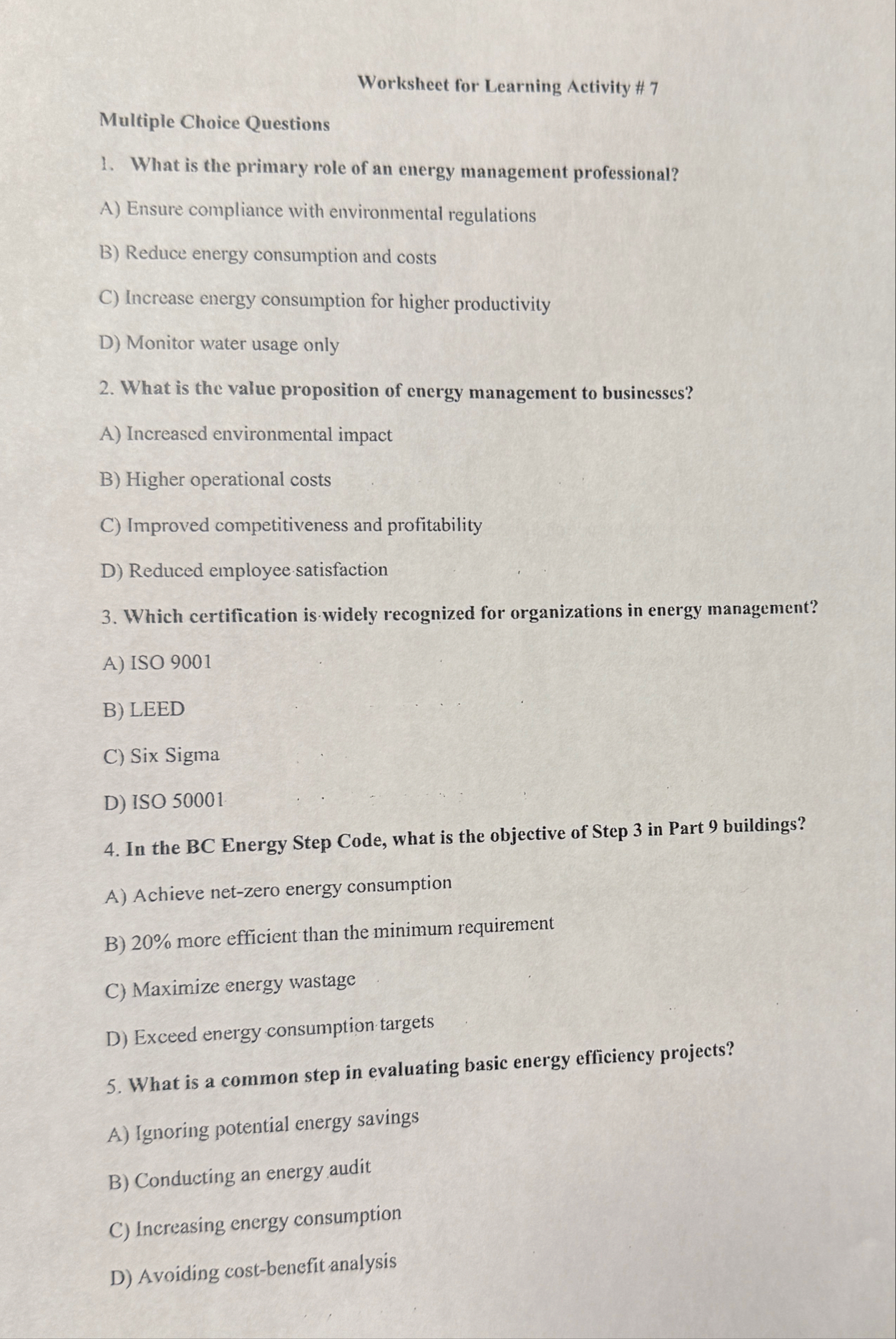 Worksheet for Learning Activity # 7 Multiple