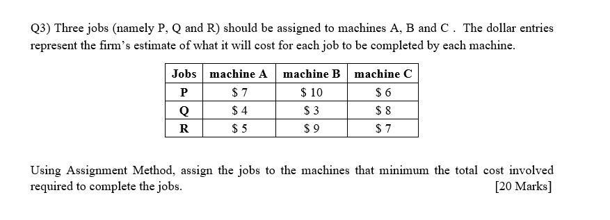 Q 3 ) Three jobs ( namely P , Q and R ) should be