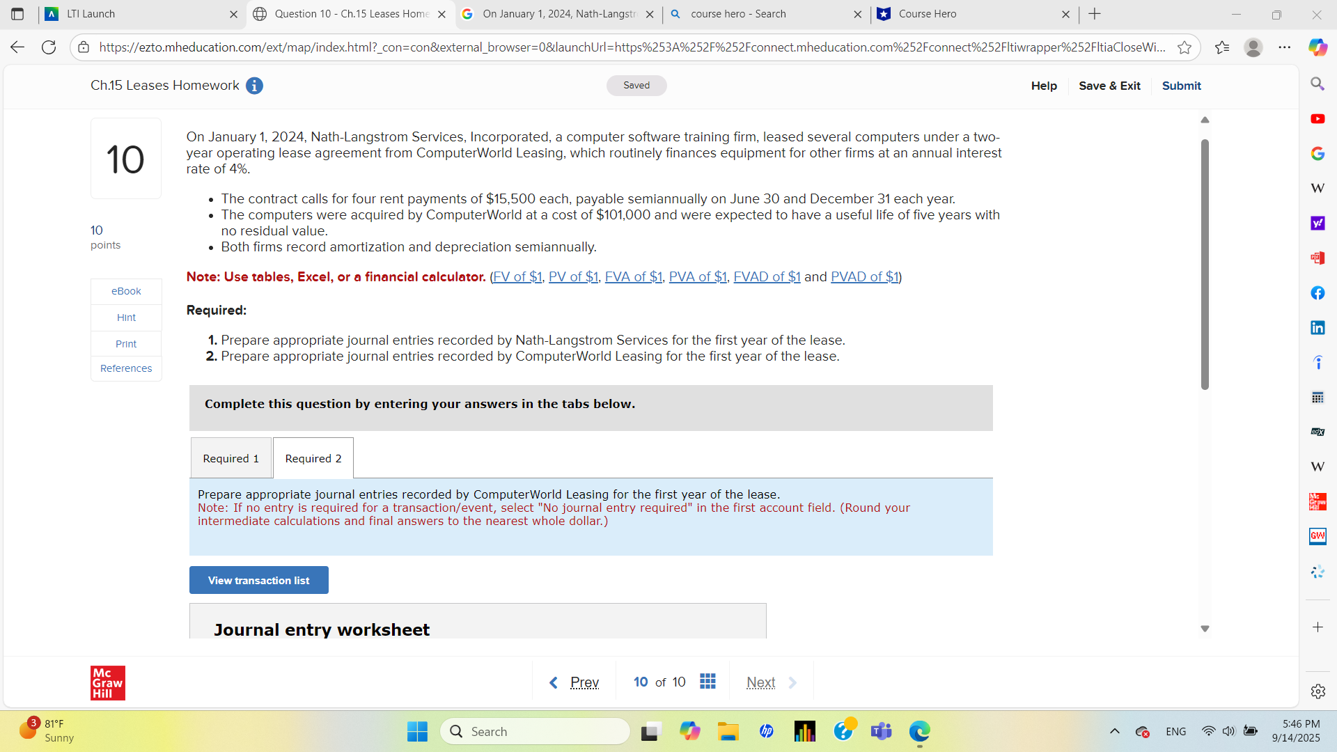 A LTI Launch x Question 10 - Ch.15 Leases Home X